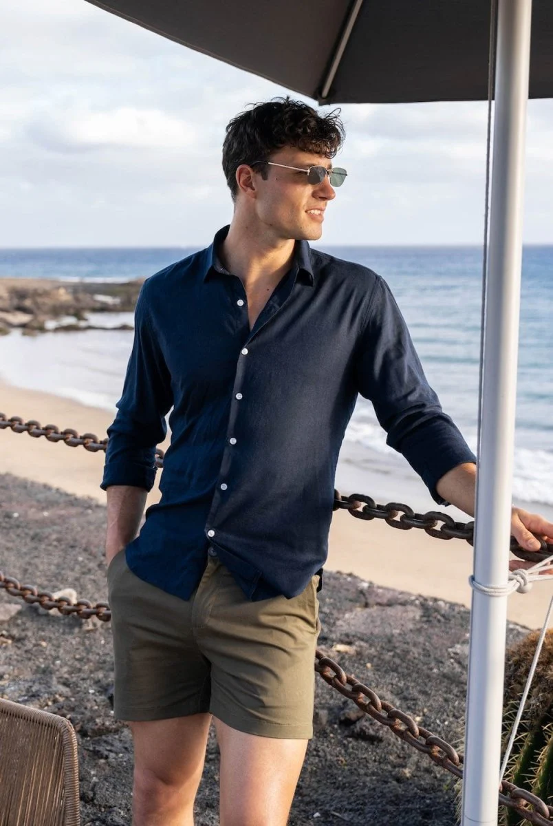 Stretch Linen Blend Button Through Shirt in Navy