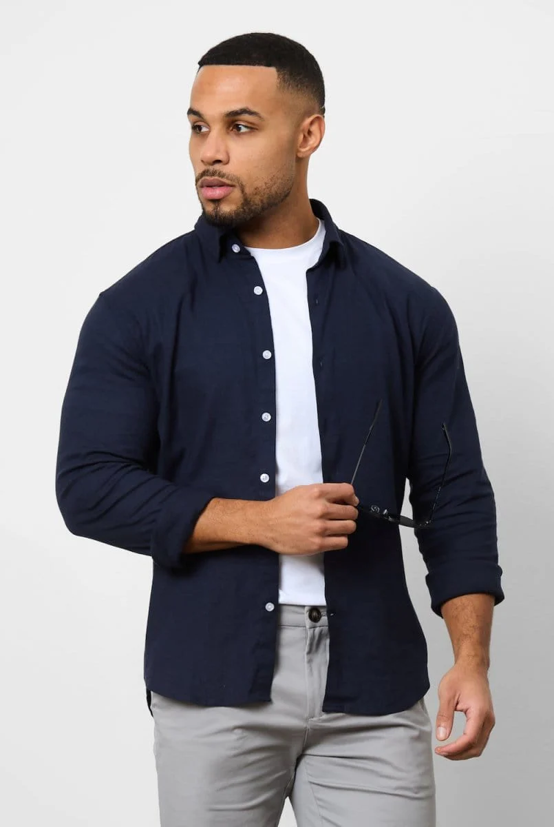 Stretch Linen Blend Button Through Shirt in Navy - Image 3