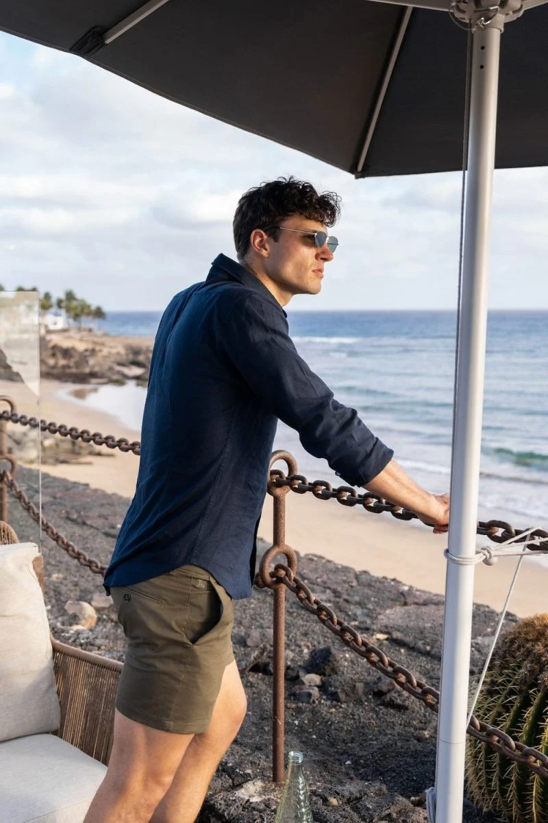 Stretch Linen Blend Button Through Shirt in Navy - Image 4