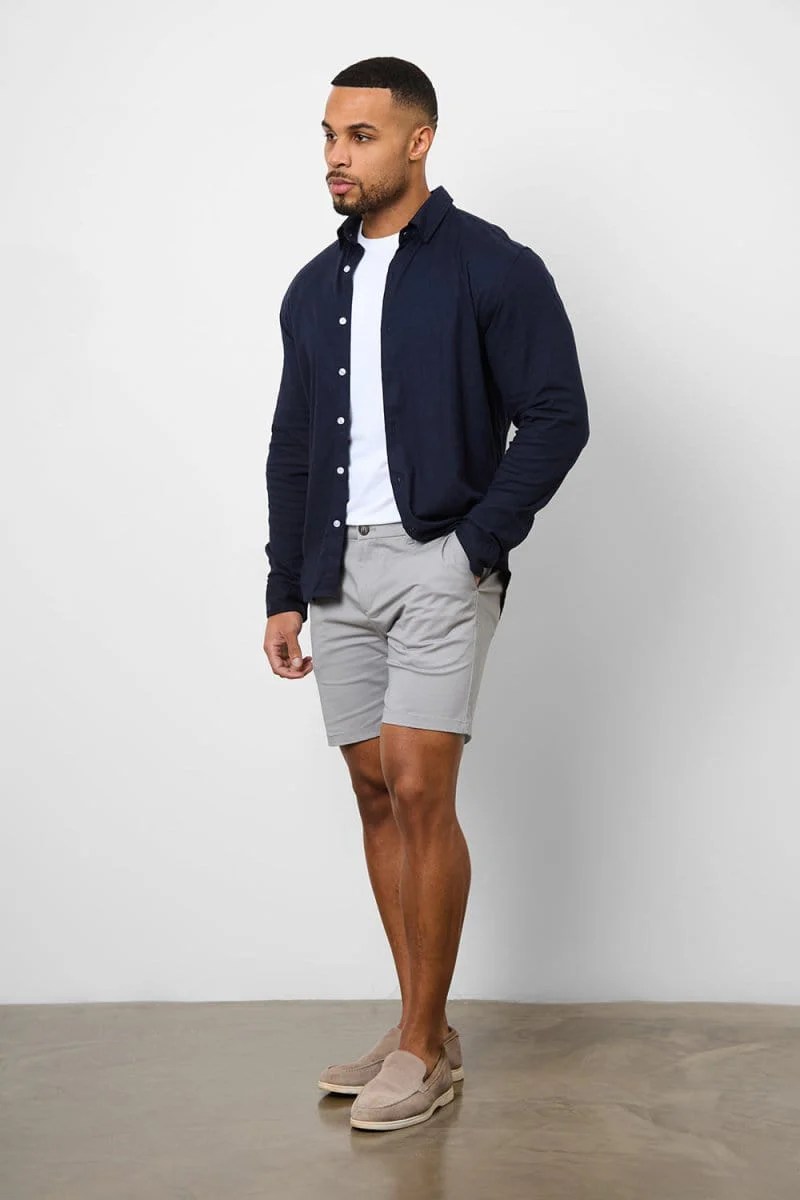Stretch Linen Blend Button Through Shirt in Navy - Image 5