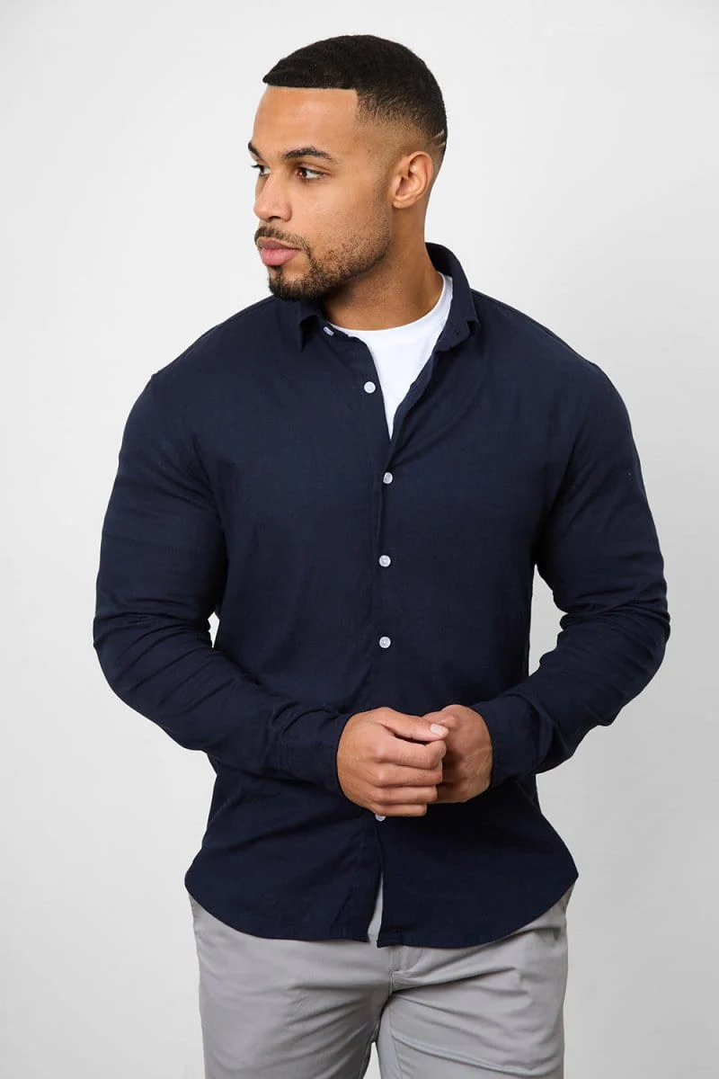 Stretch Linen Blend Button Through Shirt in Navy - Image 6