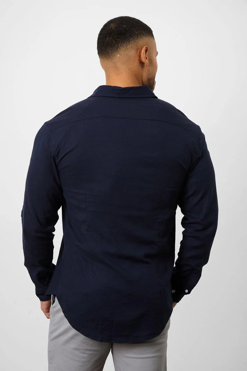 Stretch Linen Blend Button Through Shirt in Navy - Image 8