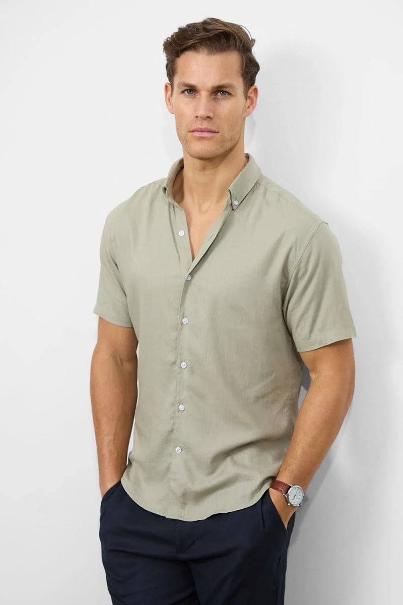 Stretch Linen Blend Button Through Shirt in Soft Sage
