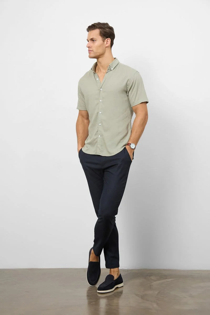 Stretch Linen Blend Button Through Shirt in Soft Sage - Image 2