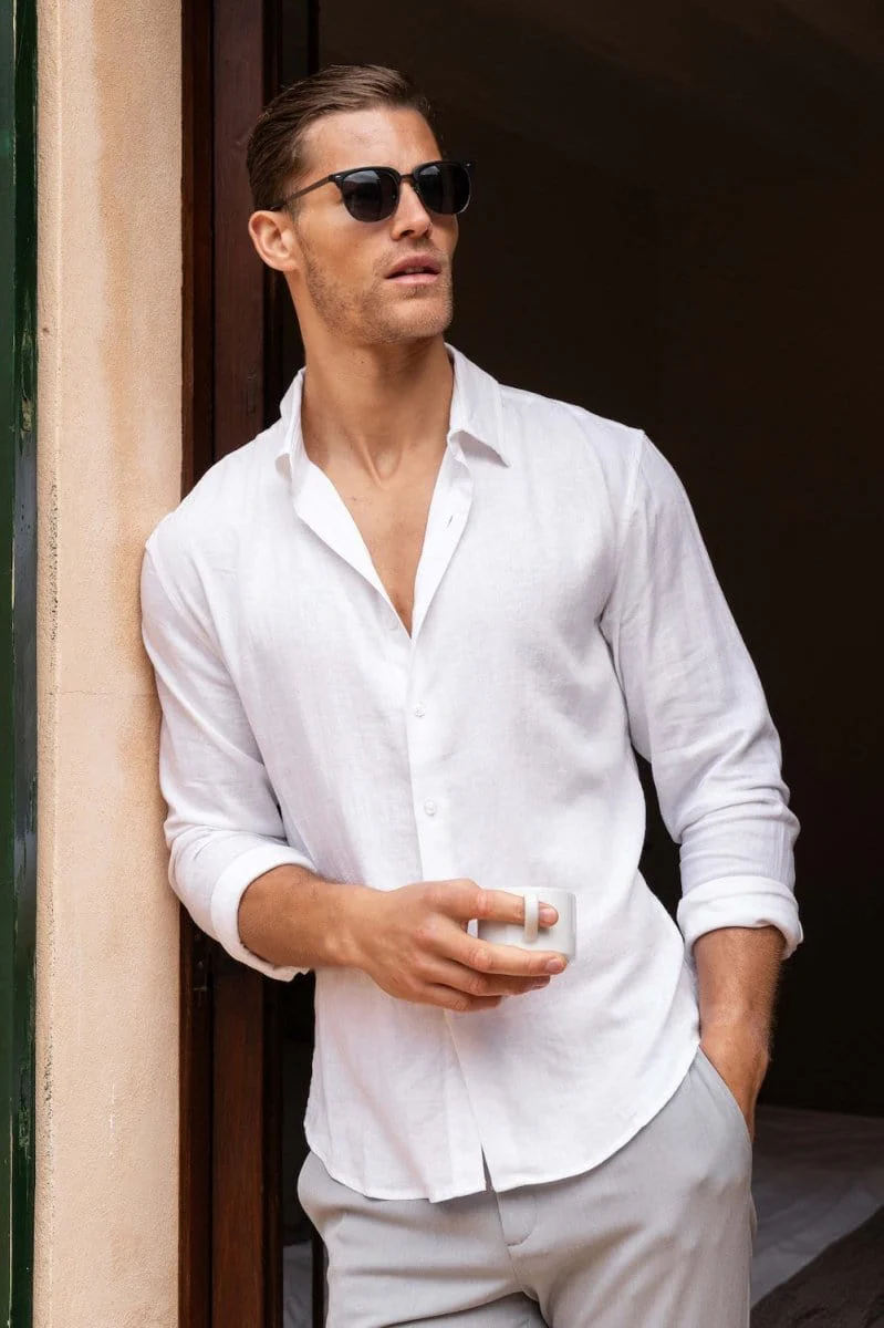 Stretch Linen Blend Button Through Shirt in White