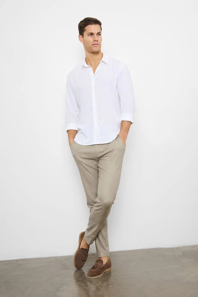 Stretch Linen Blend Button Through Shirt in White - Image 2