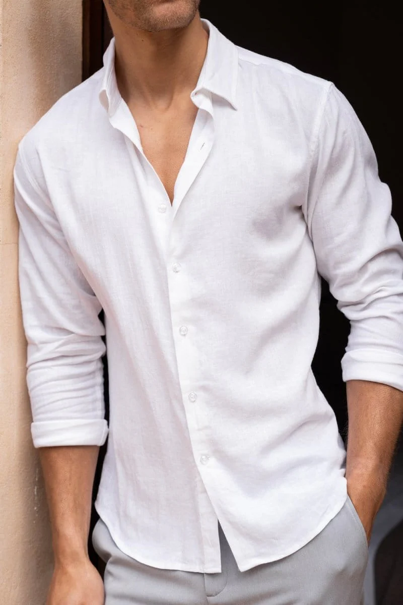 Stretch Linen Blend Button Through Shirt in White - Image 5