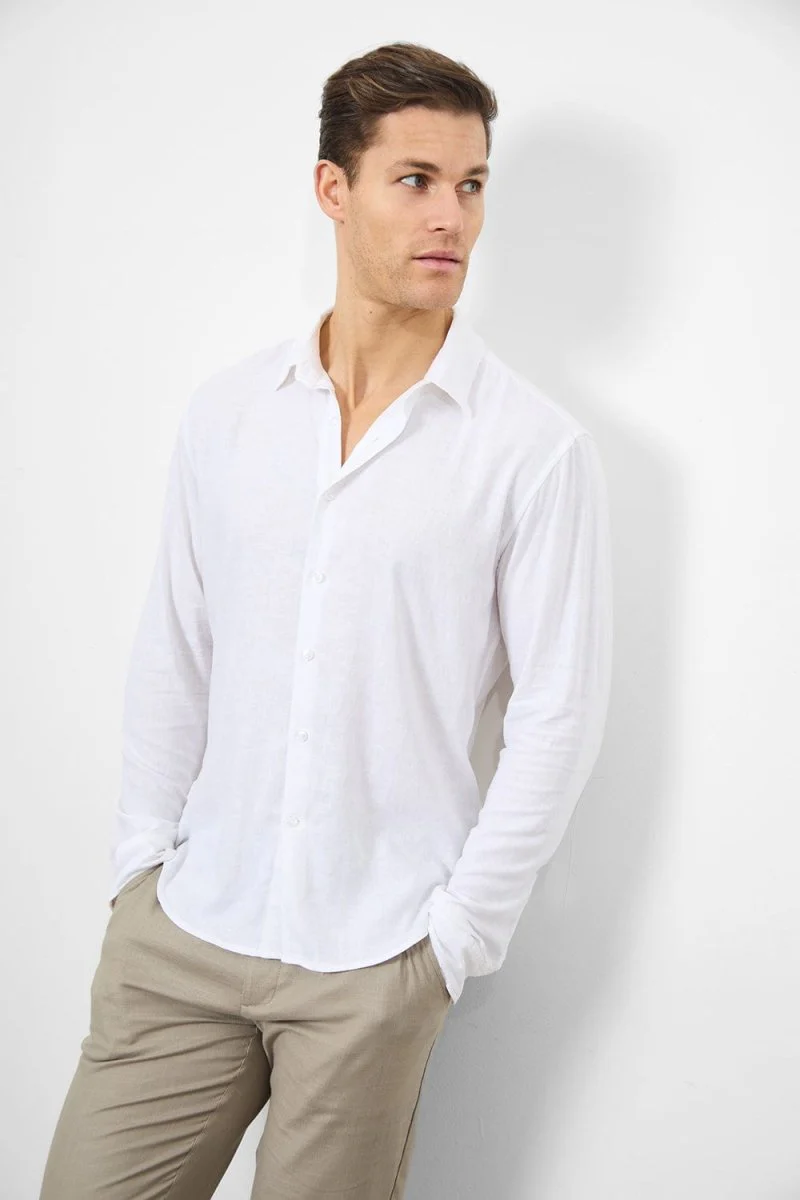 Stretch Linen Blend Button Through Shirt in White - Image 6