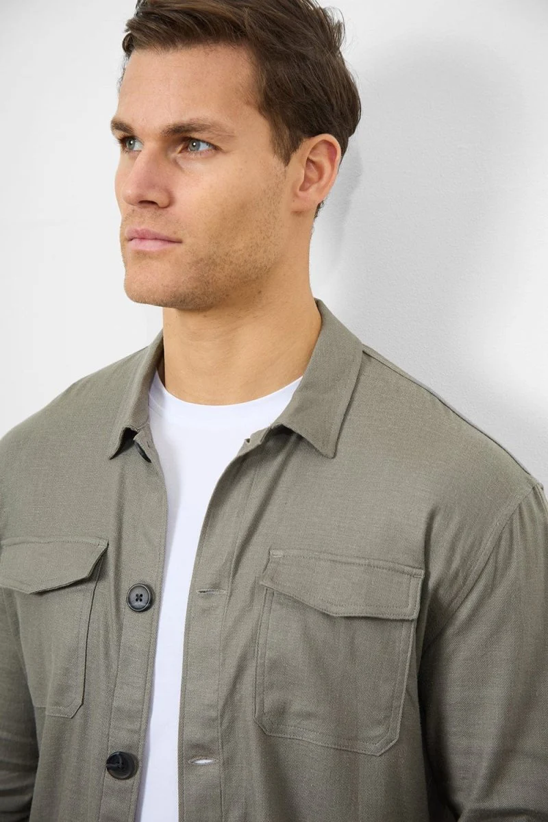 Stretch Linen Blend Pocket Overshirt in Mole - Image 3