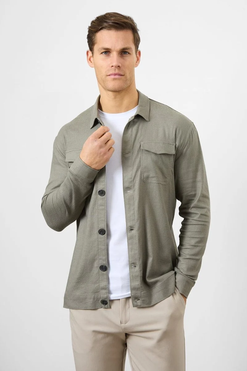 Stretch Linen Blend Pocket Overshirt in Mole - Image 4