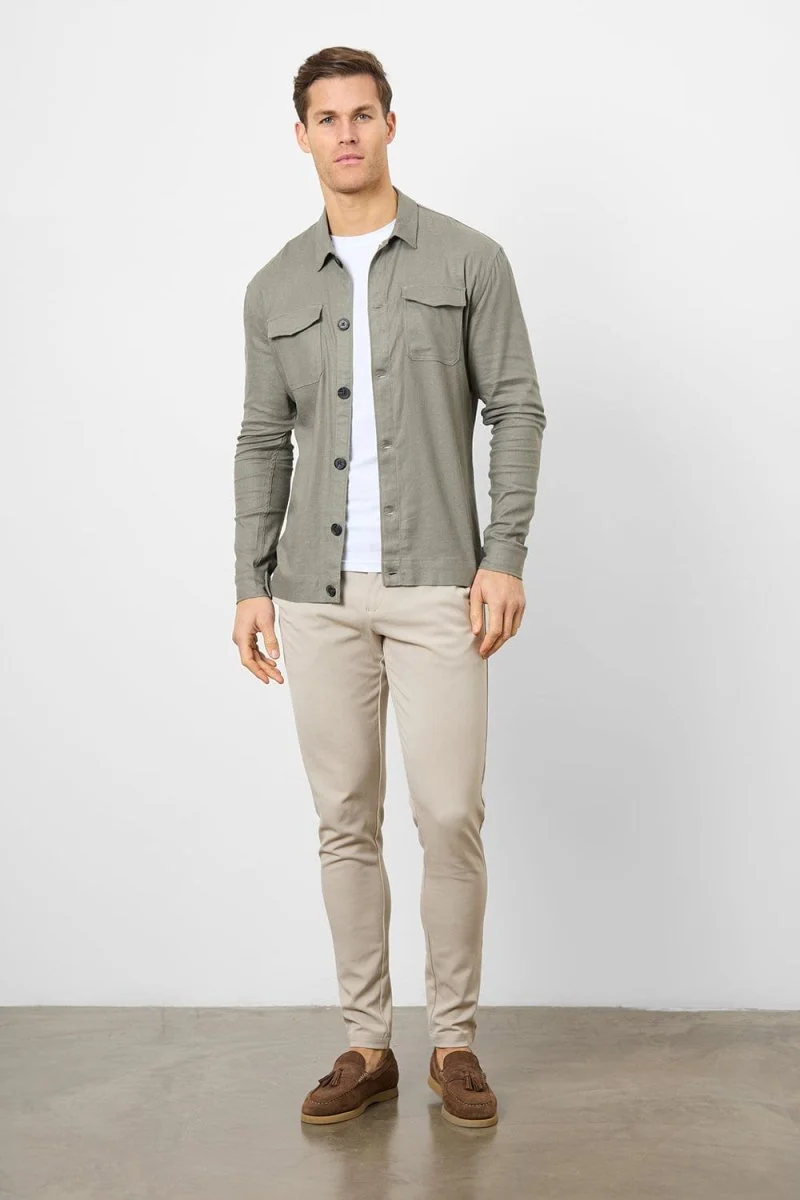 Stretch Linen Blend Pocket Overshirt in Mole - Image 5