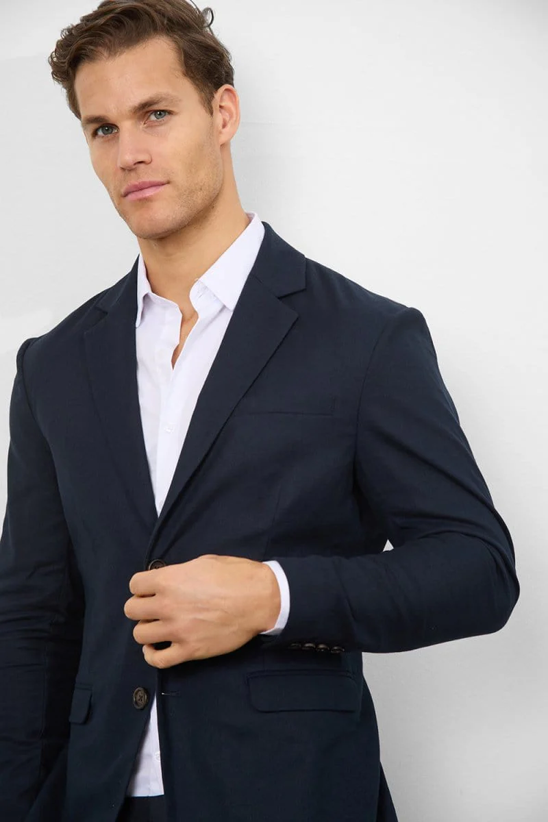 Stretch Linen Blend Suit Jacket in Navy - Image 3