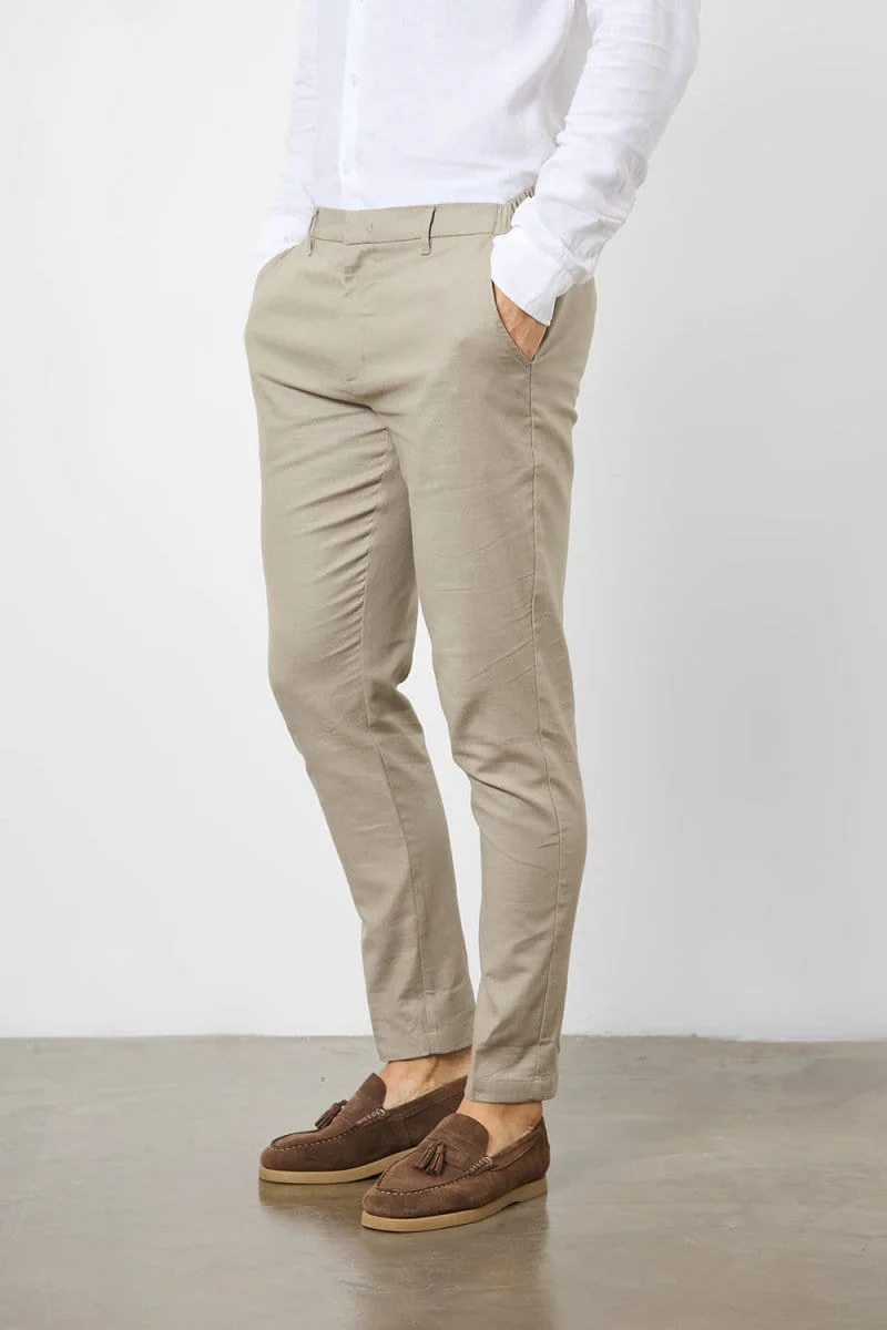 Stretch Linen Blend Suit Trousers in Dark Stone