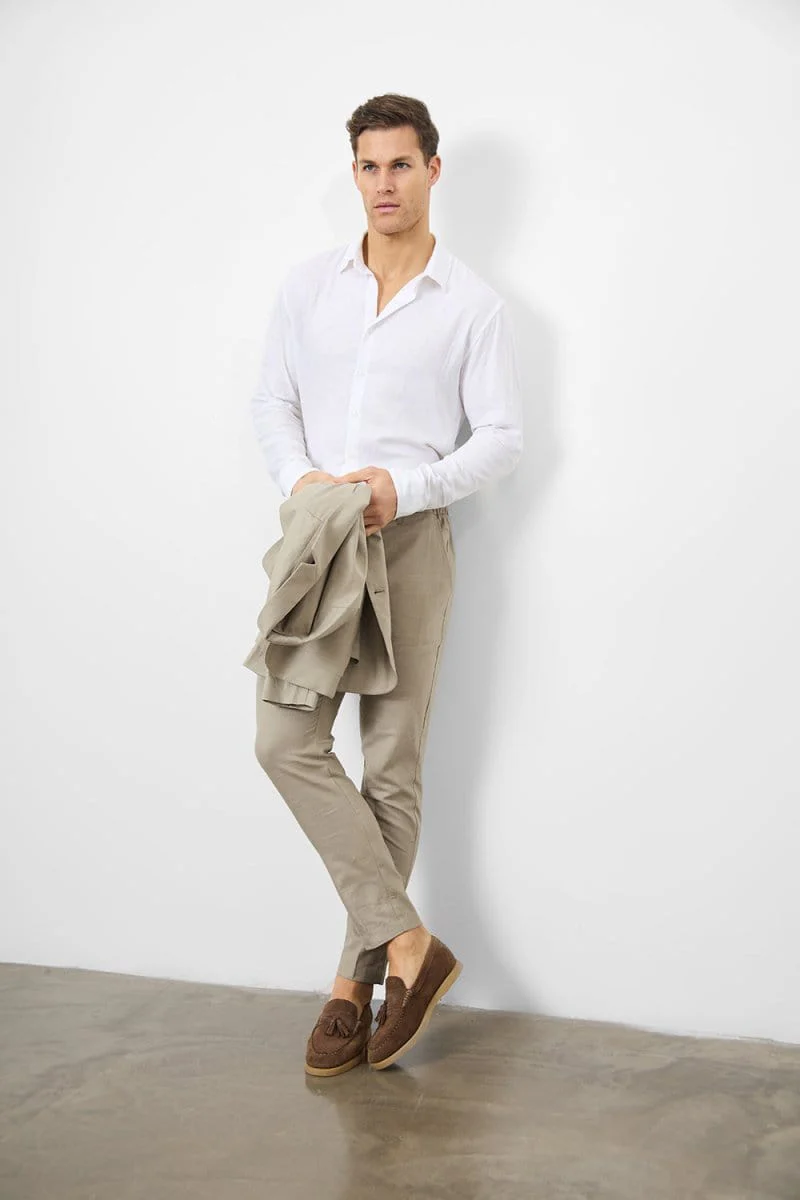 Stretch Linen Blend Suit Trousers in Dark Stone - Image 5