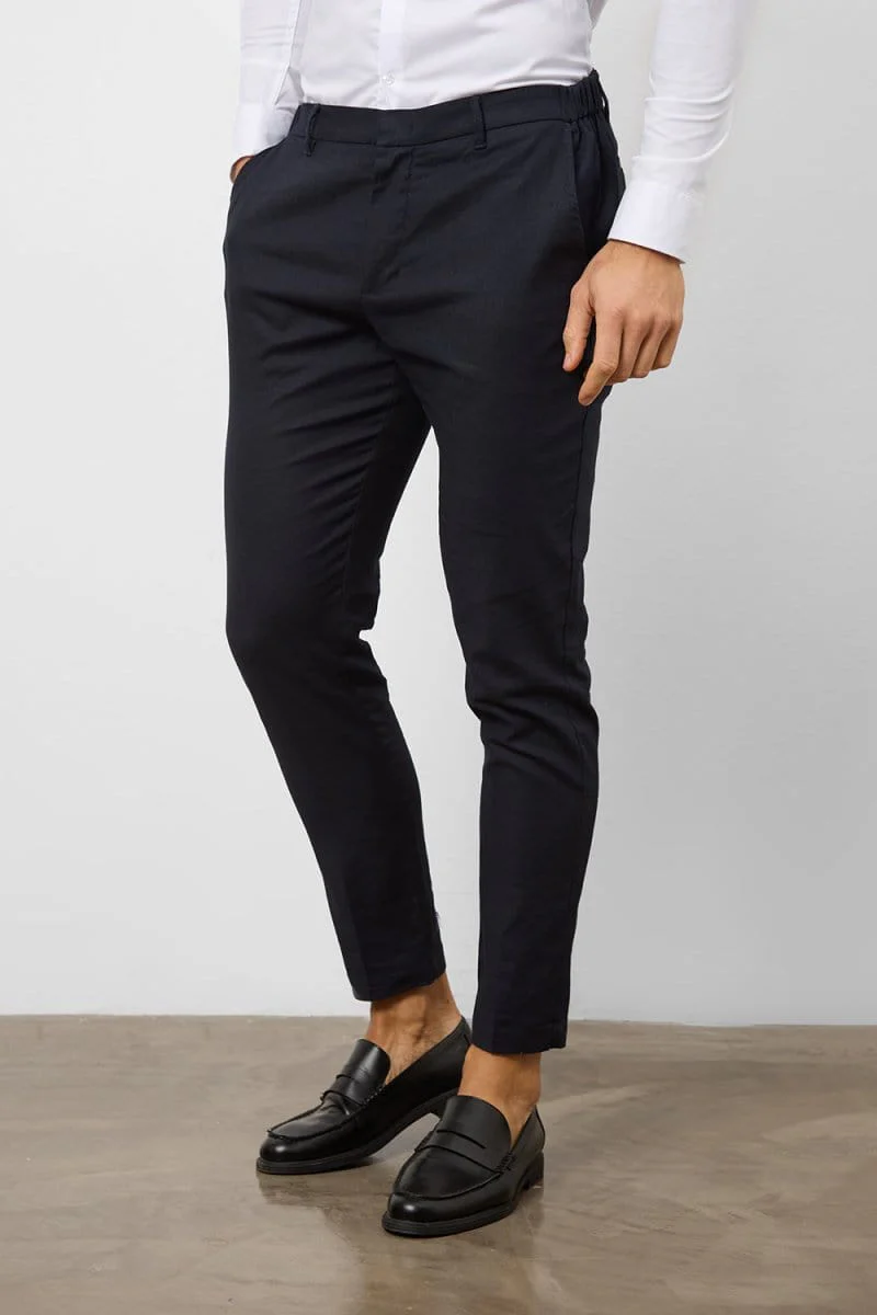 Stretch Linen Blend Suit Trousers in Navy