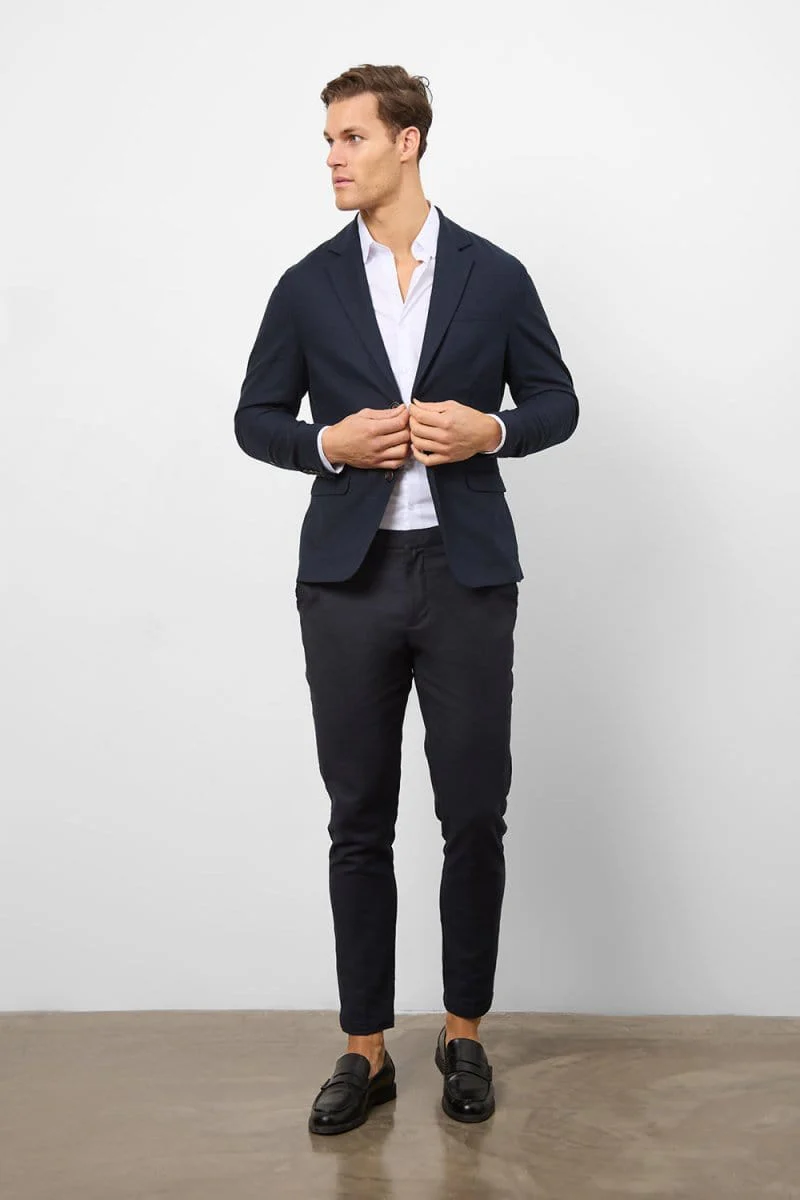 Stretch Linen Blend Suit Trousers in Navy - Image 2