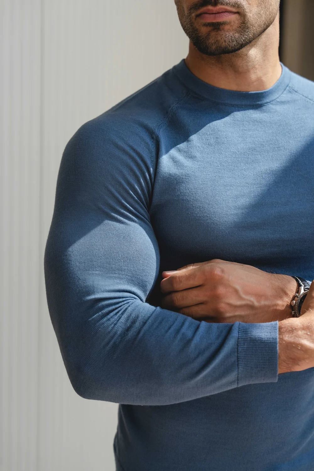 Extra Fine Merino Wool Crew Neck Jumper in Airforce Blue - Image 3