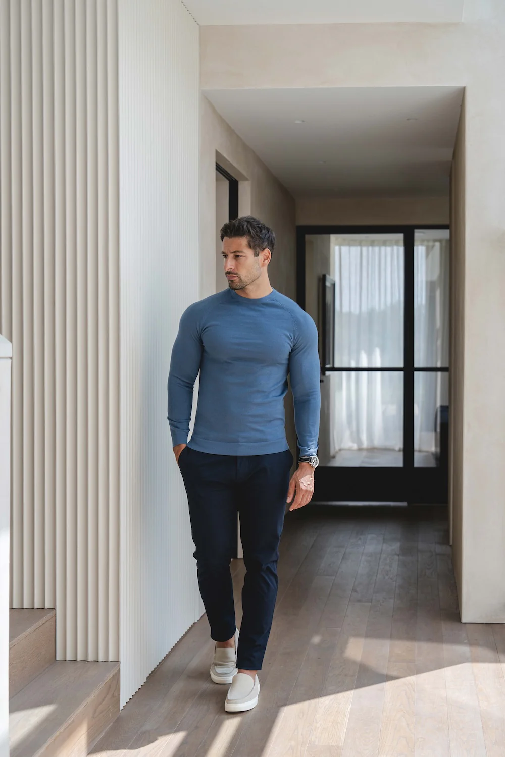 Extra Fine Merino Wool Crew Neck Jumper in Airforce Blue - Image 6