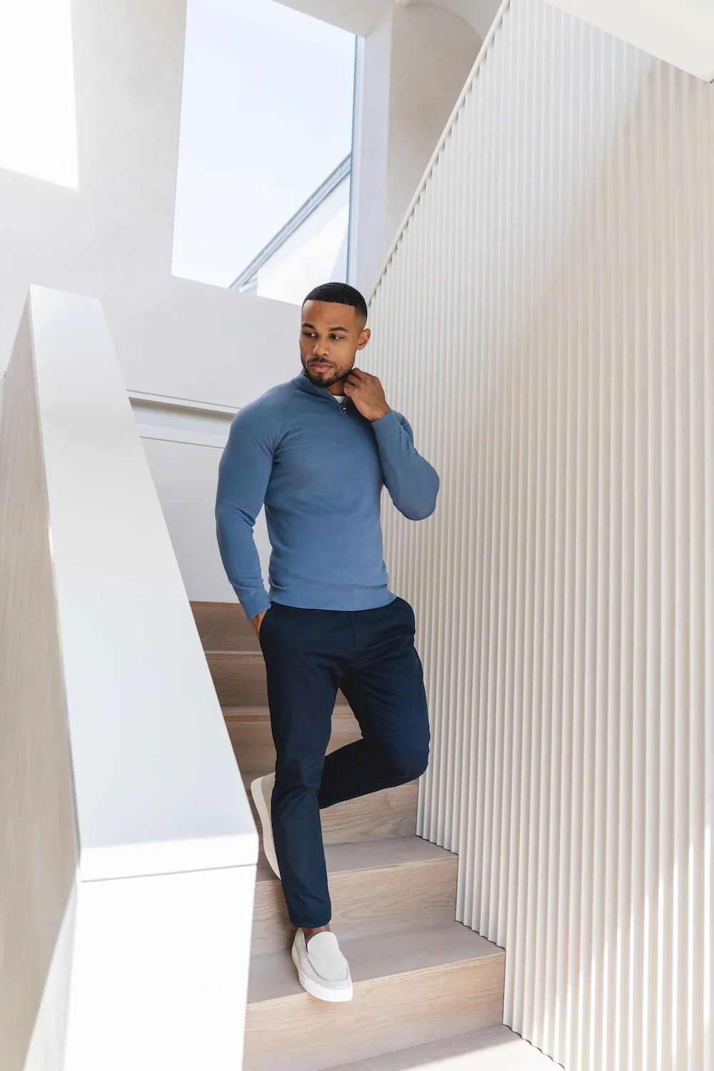 Extra Fine Merino Wool Half Zip Neck Jumper in Airforce Blue - Image 2