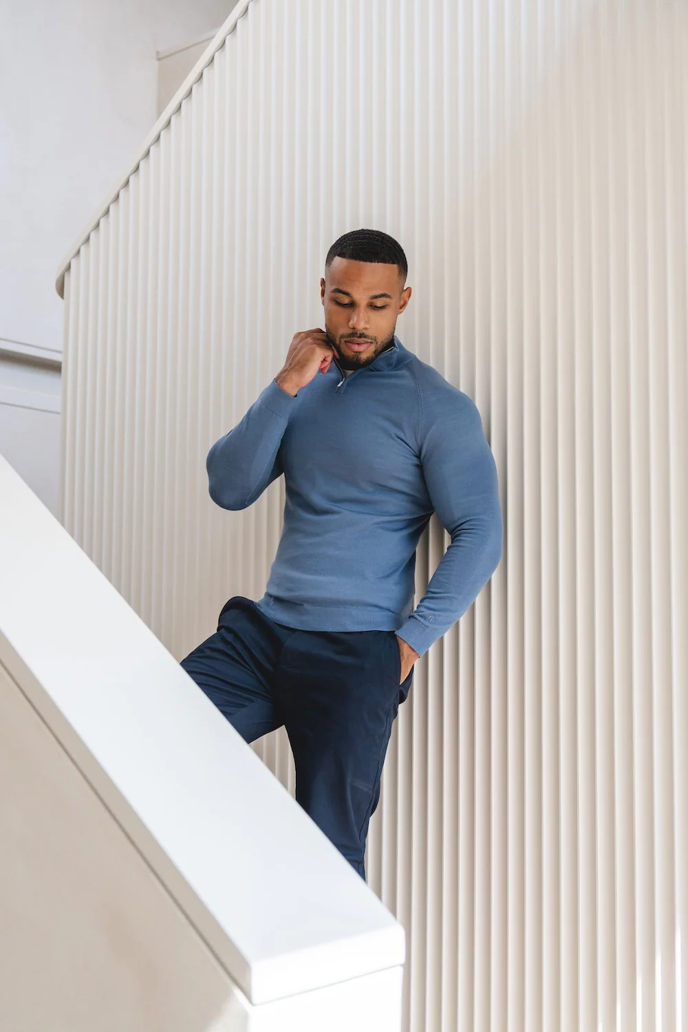 Extra Fine Merino Wool Half Zip Neck Jumper in Airforce Blue - Image 4