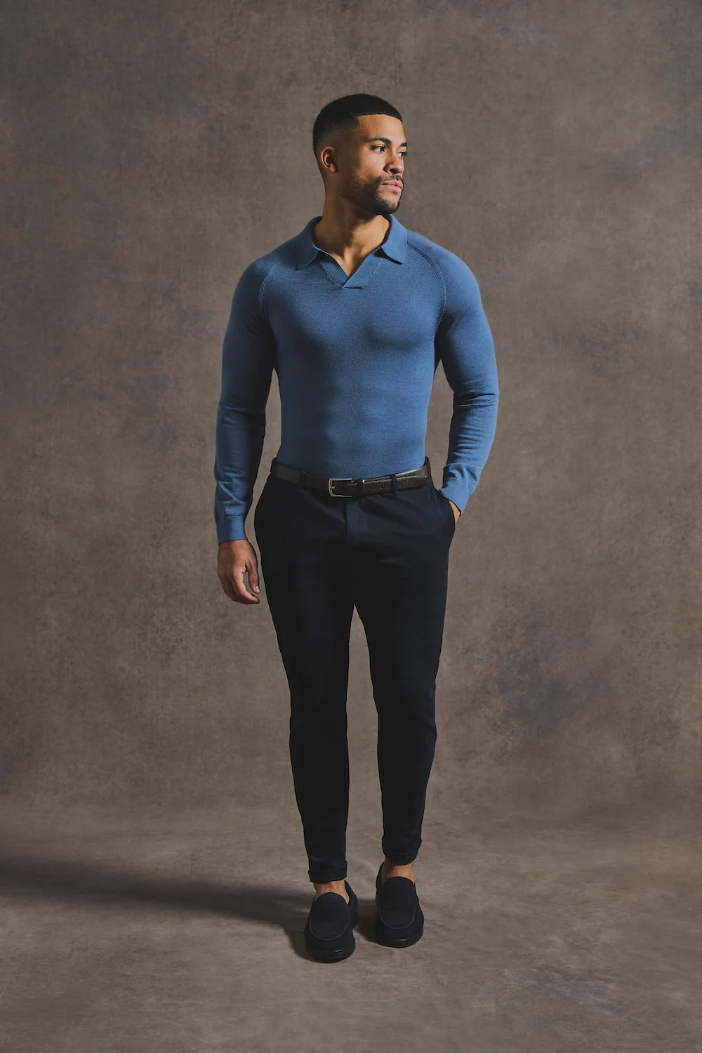 Extra Fine Merino Wool Open Collar Polo Shirt in Airforce Blue - Image 2