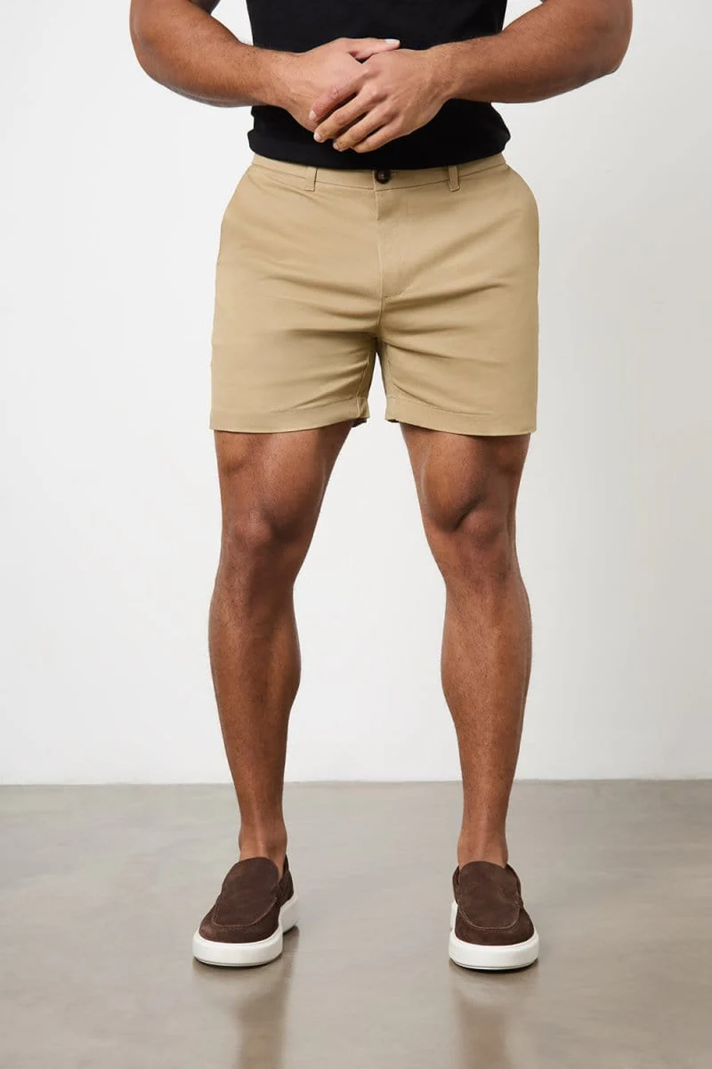 Muscle Fit Stretch Chino Shorts - Shorter Length in Dark Sand