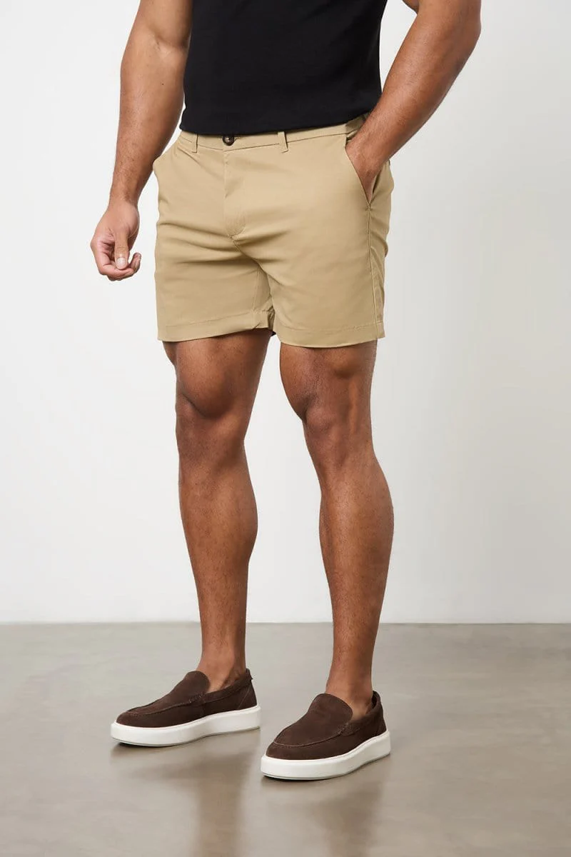 Muscle Fit Stretch Chino Shorts - Shorter Length in Dark Sand - Image 4