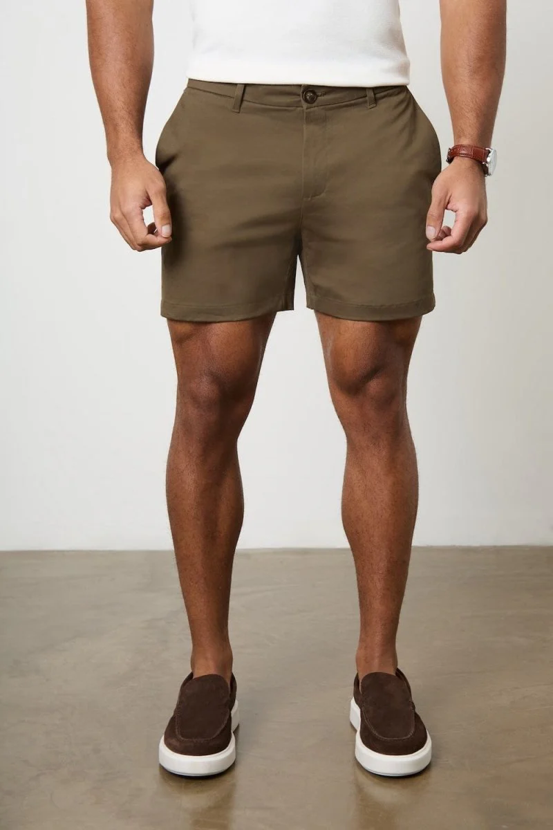 Muscle Fit Stretch Chino Shorts - Shorter Length in Khaki - Image 3