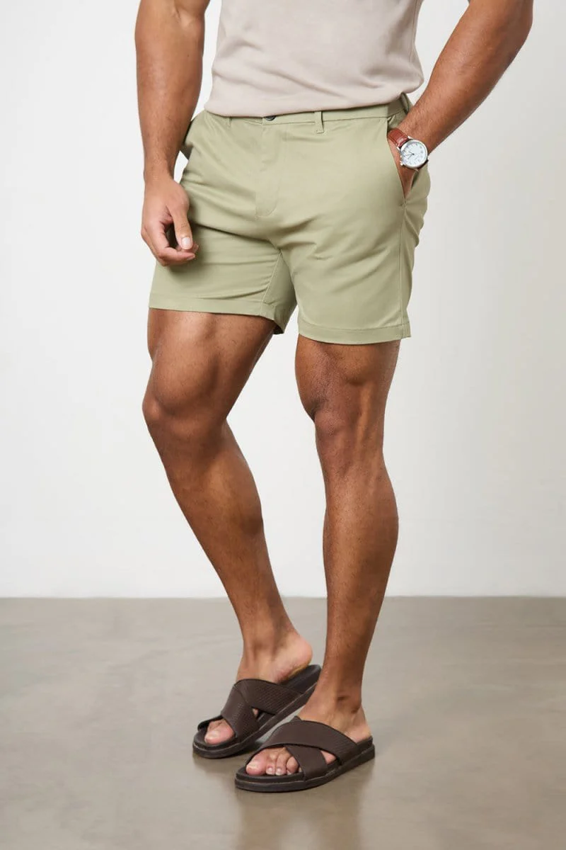 Muscle Fit Stretch Chino Shorts - Shorter Length in Sage - Image 4