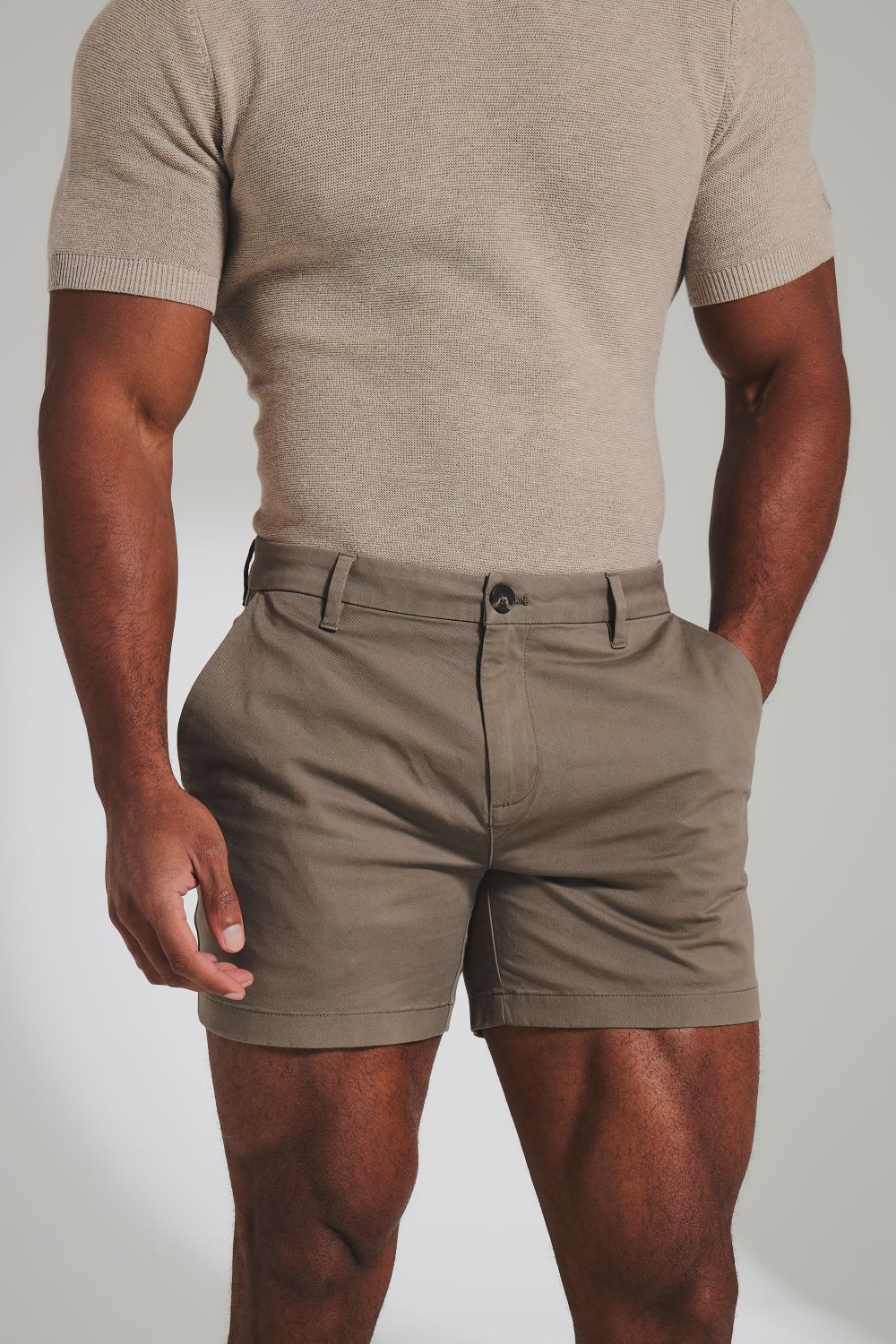 Muscle Fit Stretch Chino Shorts - Shorter Length in Dark Taupe - Image 3