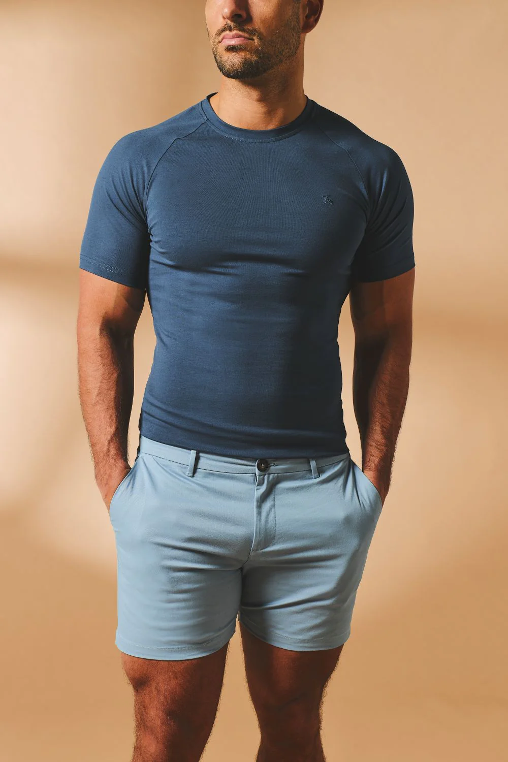 Muscle Fit Stretch Chino Shorts - Shorter Length in Light Blue