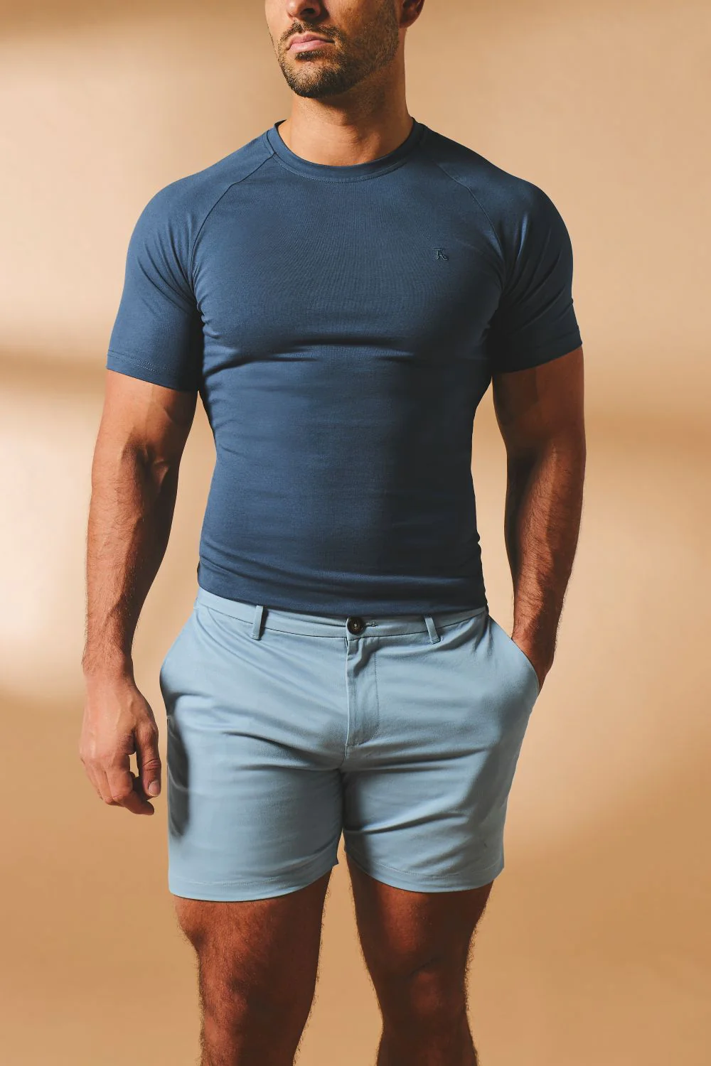 Muscle Fit Stretch Chino Shorts - Shorter Length in Light Blue - Image 5