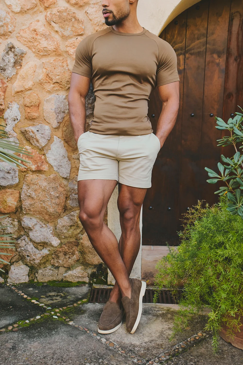 Muscle Fit Stretch Chino Shorts - Shorter Length in Stone - Image 3