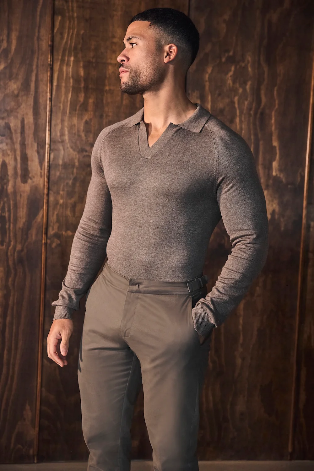 Open Collar Knitted Polo Shirt in Brown Marl - Image 2