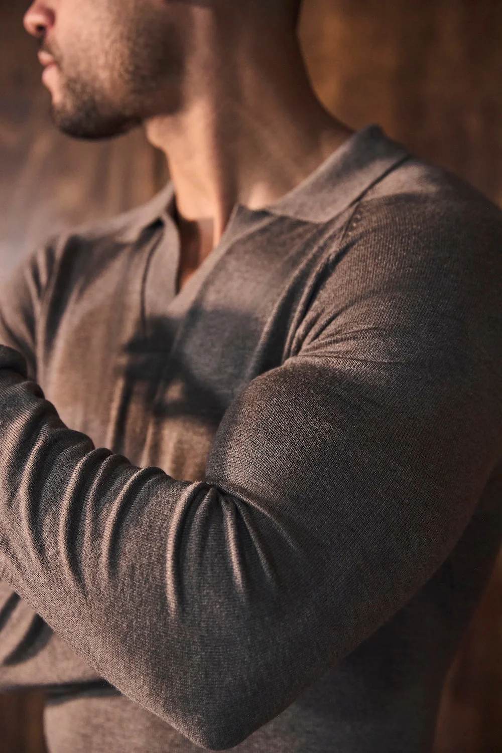 Open Collar Knitted Polo Shirt in Brown Marl - Image 3
