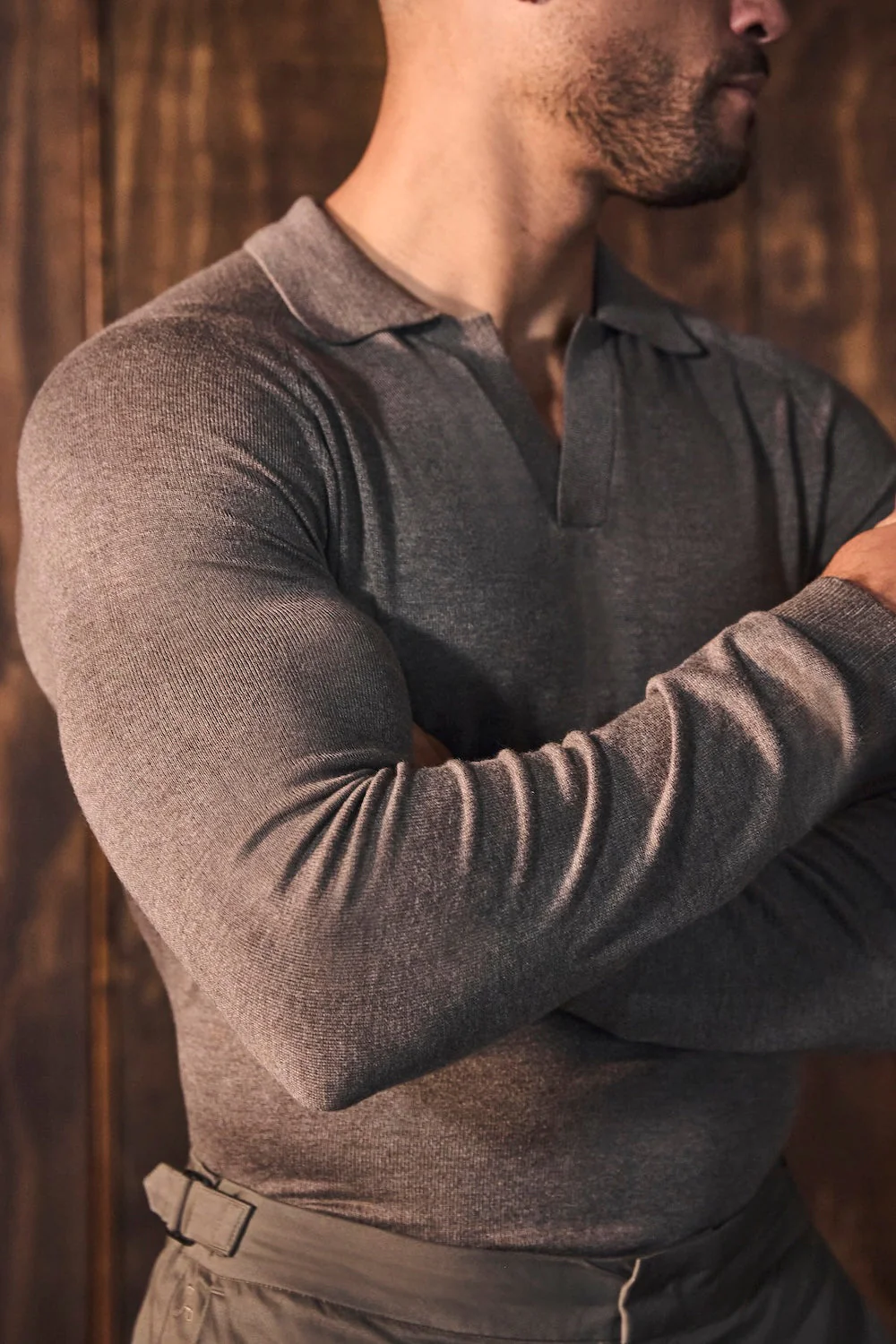 Open Collar Knitted Polo Shirt in Brown Marl - Image 6