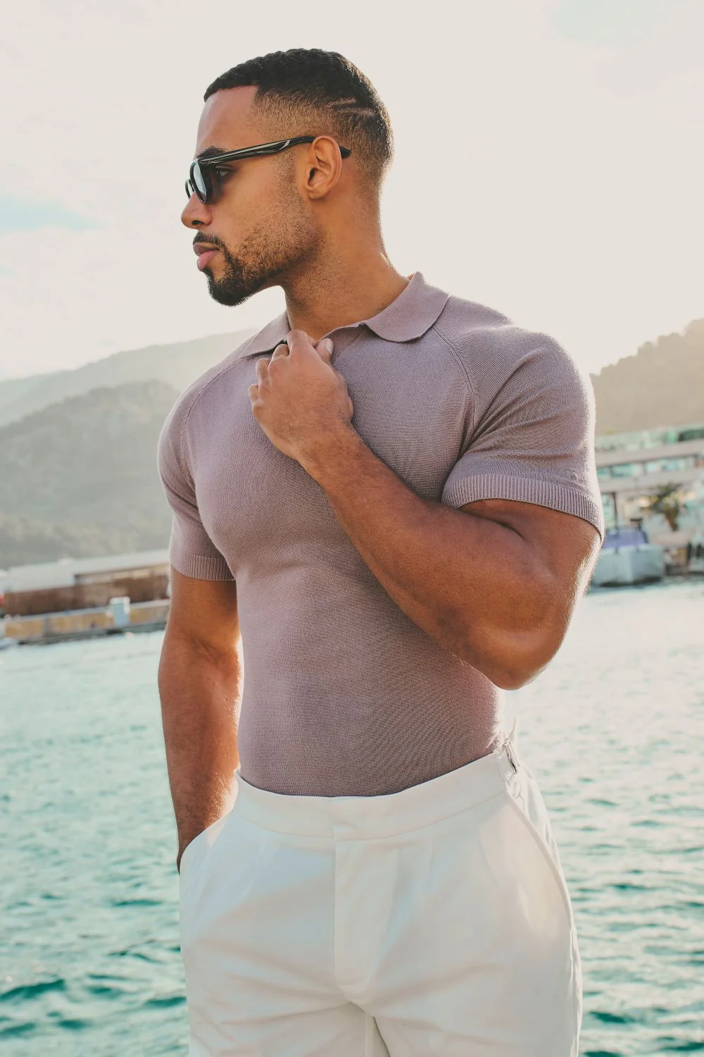 Open Collar Knitted Polo Shirt in Dusty Rose - Image 6