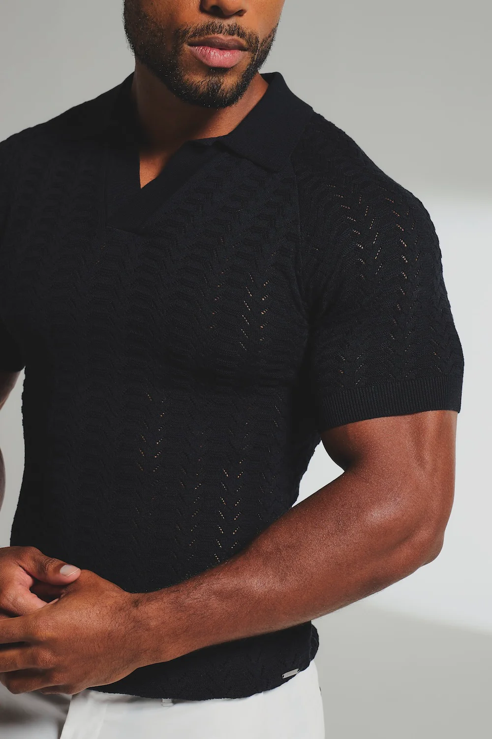Pointelle Knitted Open Collar Polo Shirt in Black - Image 2