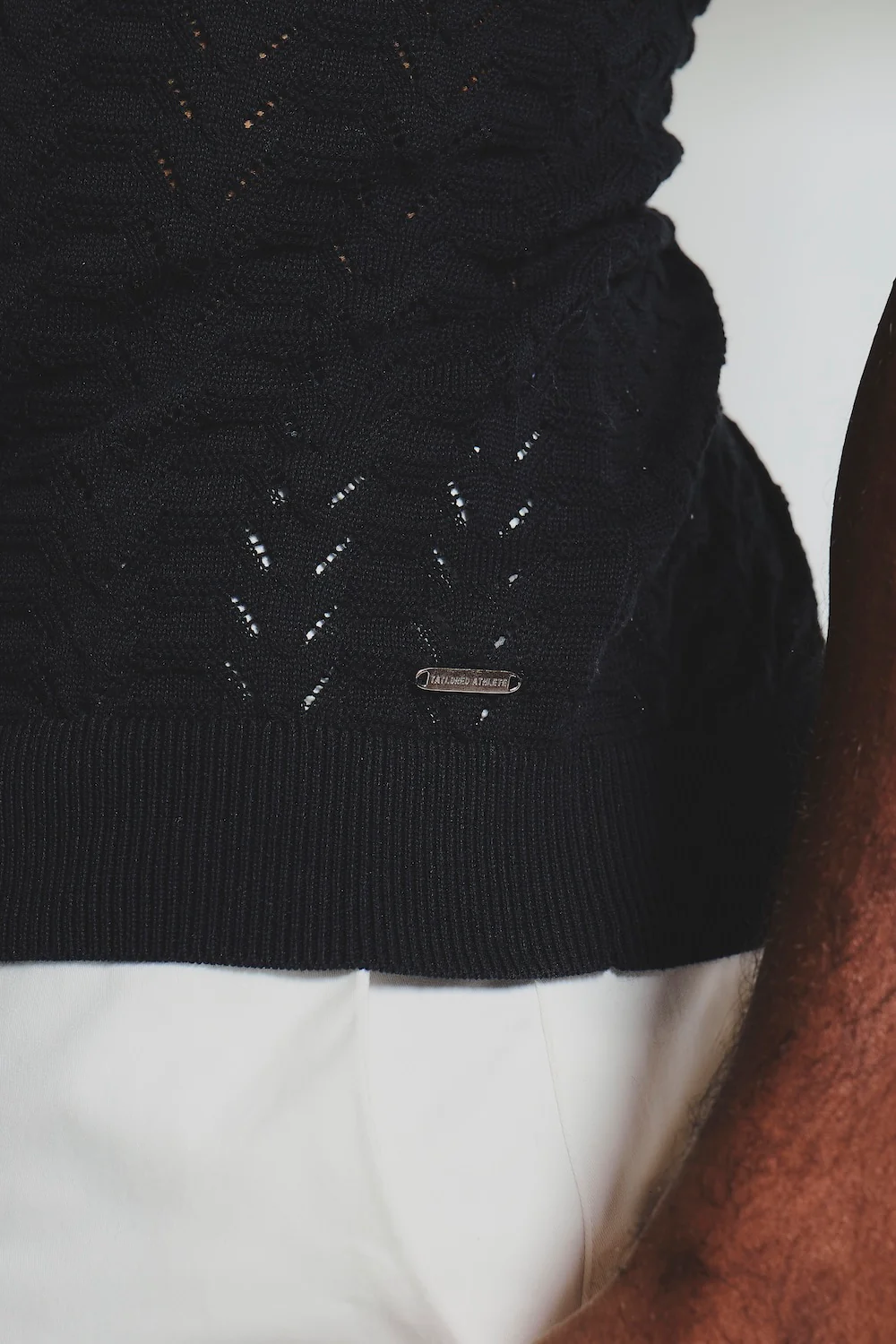 Pointelle Knitted Open Collar Polo Shirt in Black - Image 5