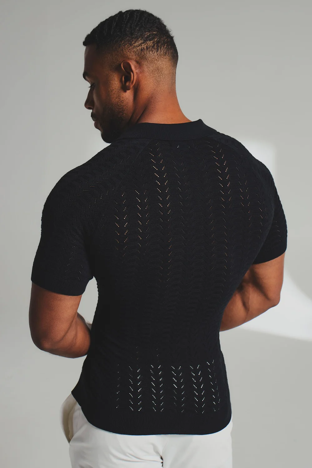 Pointelle Knitted Open Collar Polo Shirt in Black - Image 6