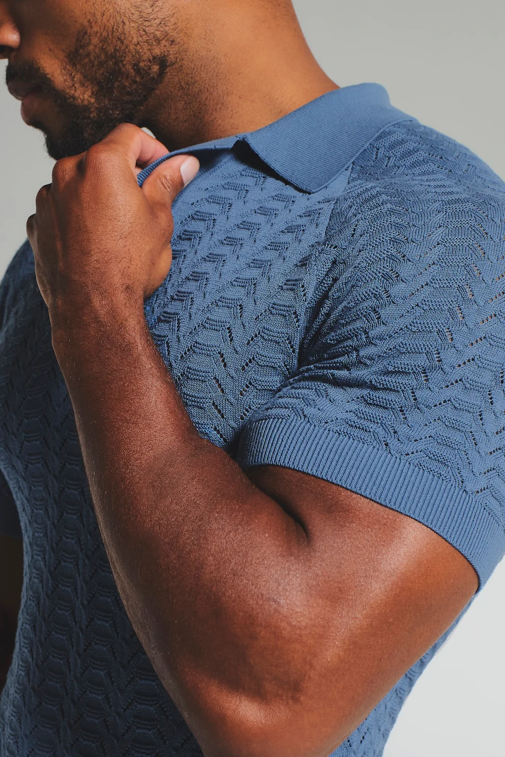 Pointelle Knitted Open Collar Polo Shirt in Blue - Image 2