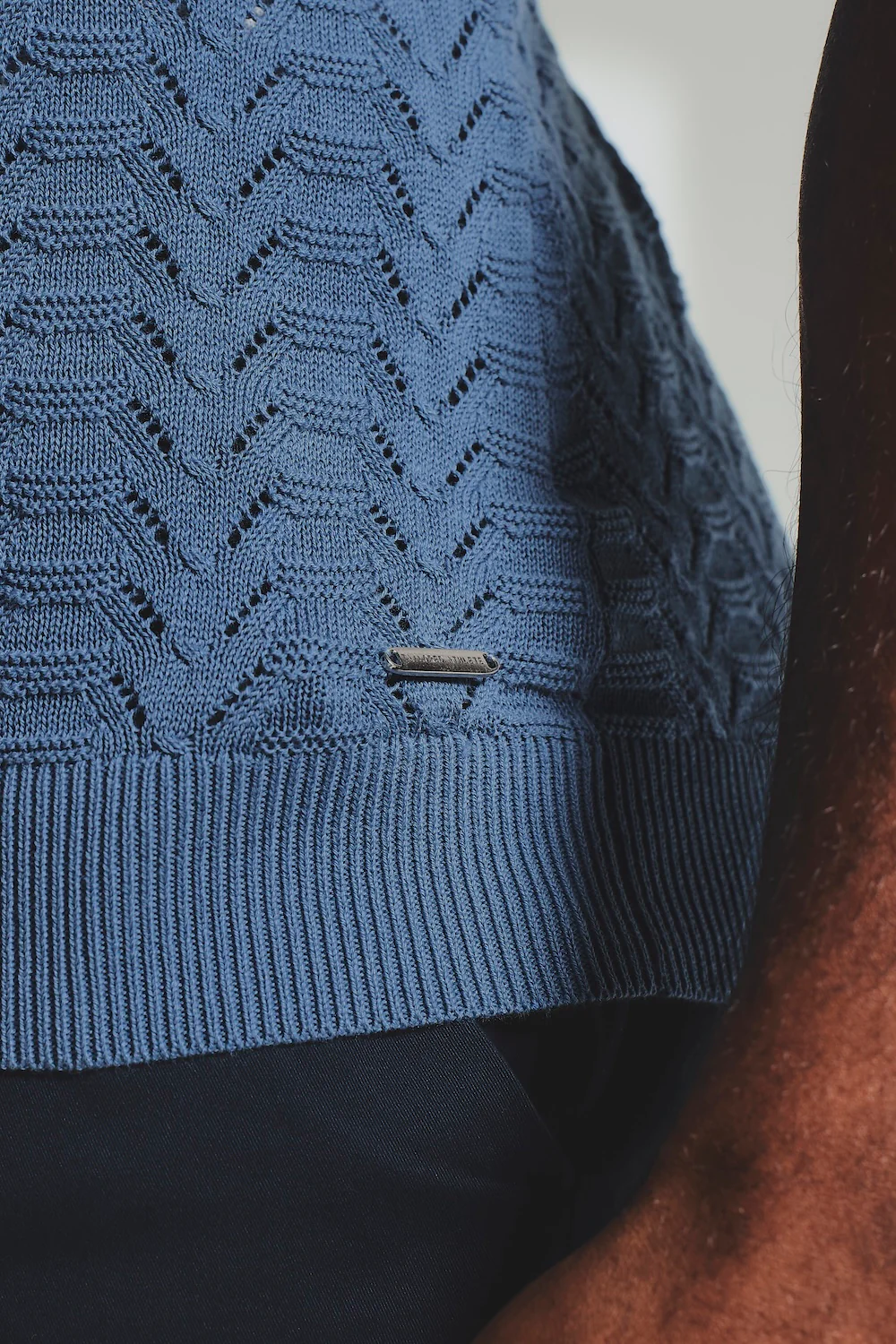 Pointelle Knitted Open Collar Polo Shirt in Blue - Image 5