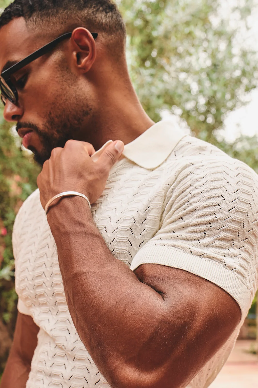 Pointelle Knitted Open Collar Polo Shirt in Chalk - Image 2