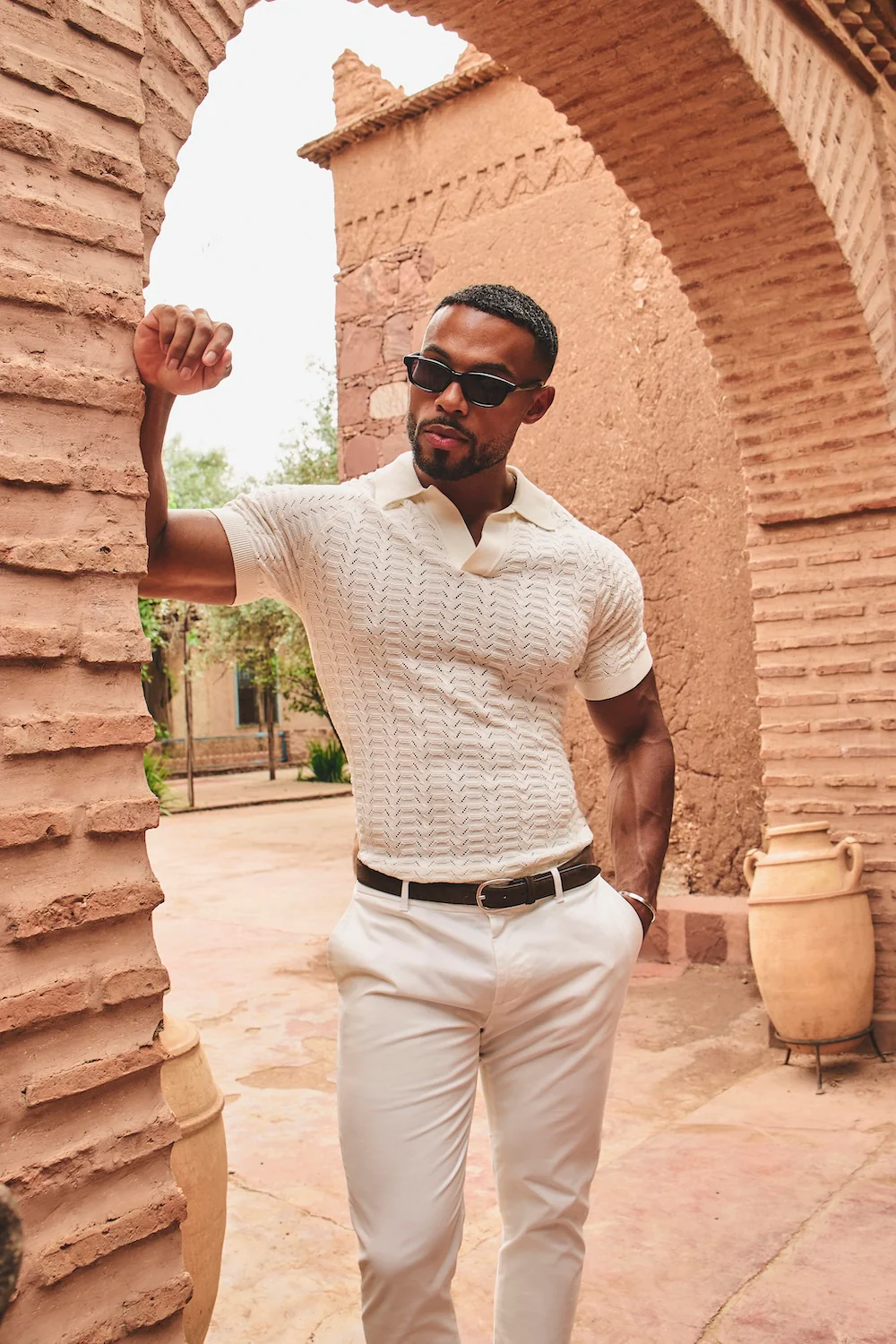 Pointelle Knitted Open Collar Polo Shirt in Chalk - Image 5