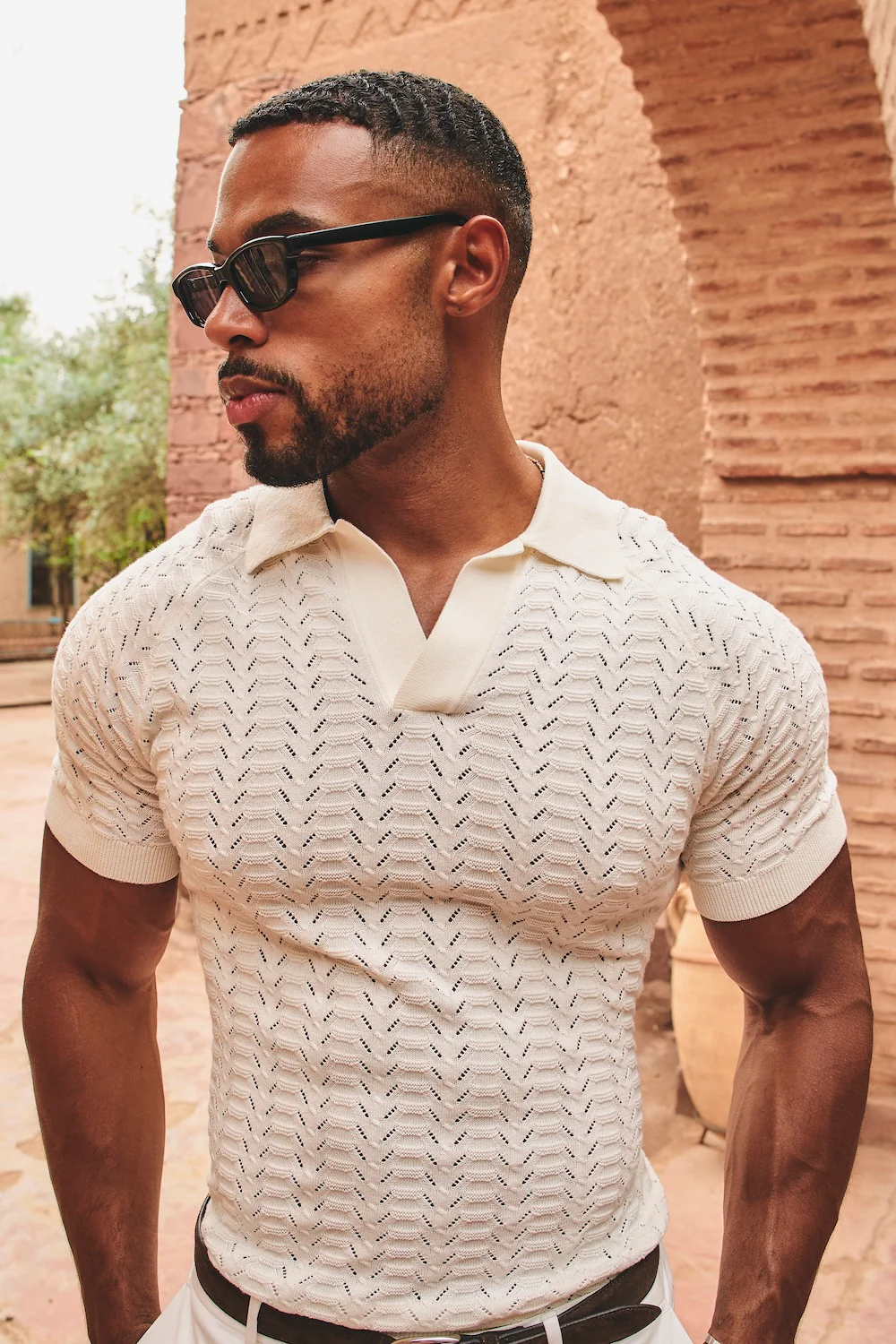 Pointelle Knitted Open Collar Polo Shirt in Chalk - Image 6