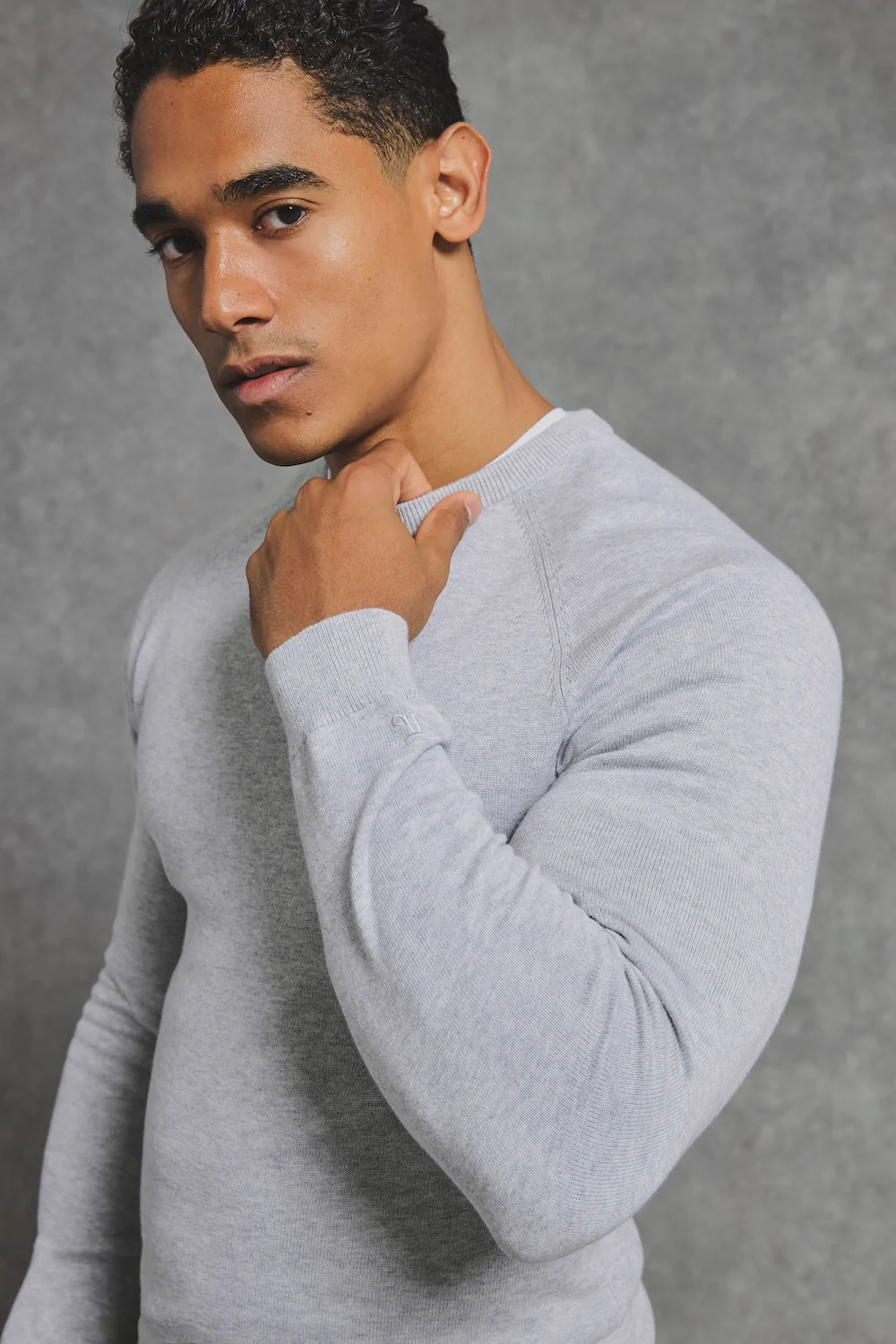 Pure Cotton Knitted Crew Neck Jumper in Silver Grey Marl - Image 2