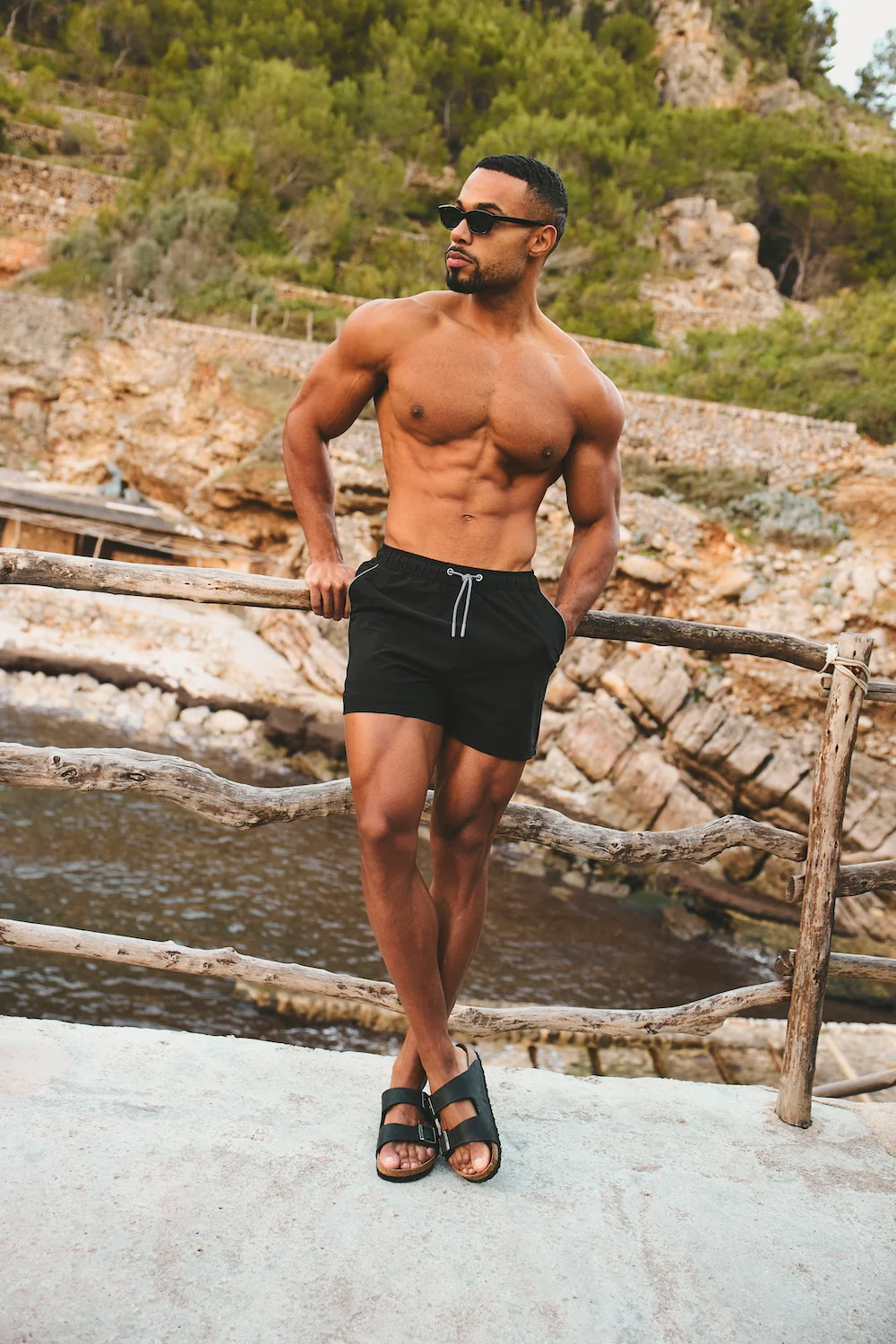 Quick Dry Piped Swim Short in Black and Graphite - Image 3