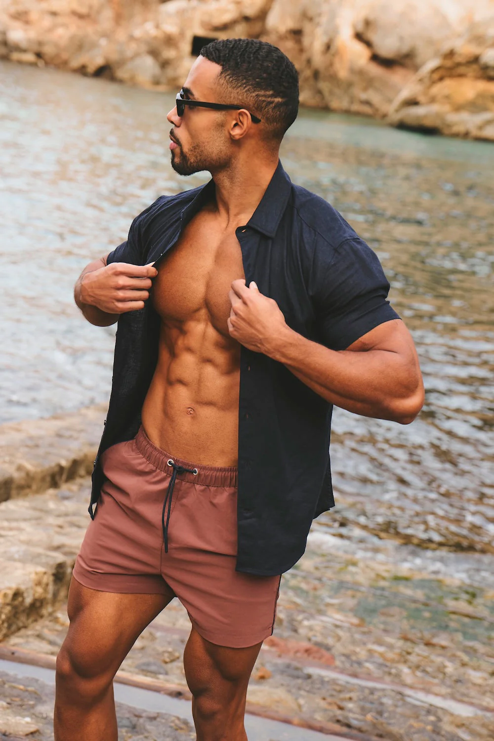 Quick Dry Piped Swim Short in Terracotta and Navy - Image 4