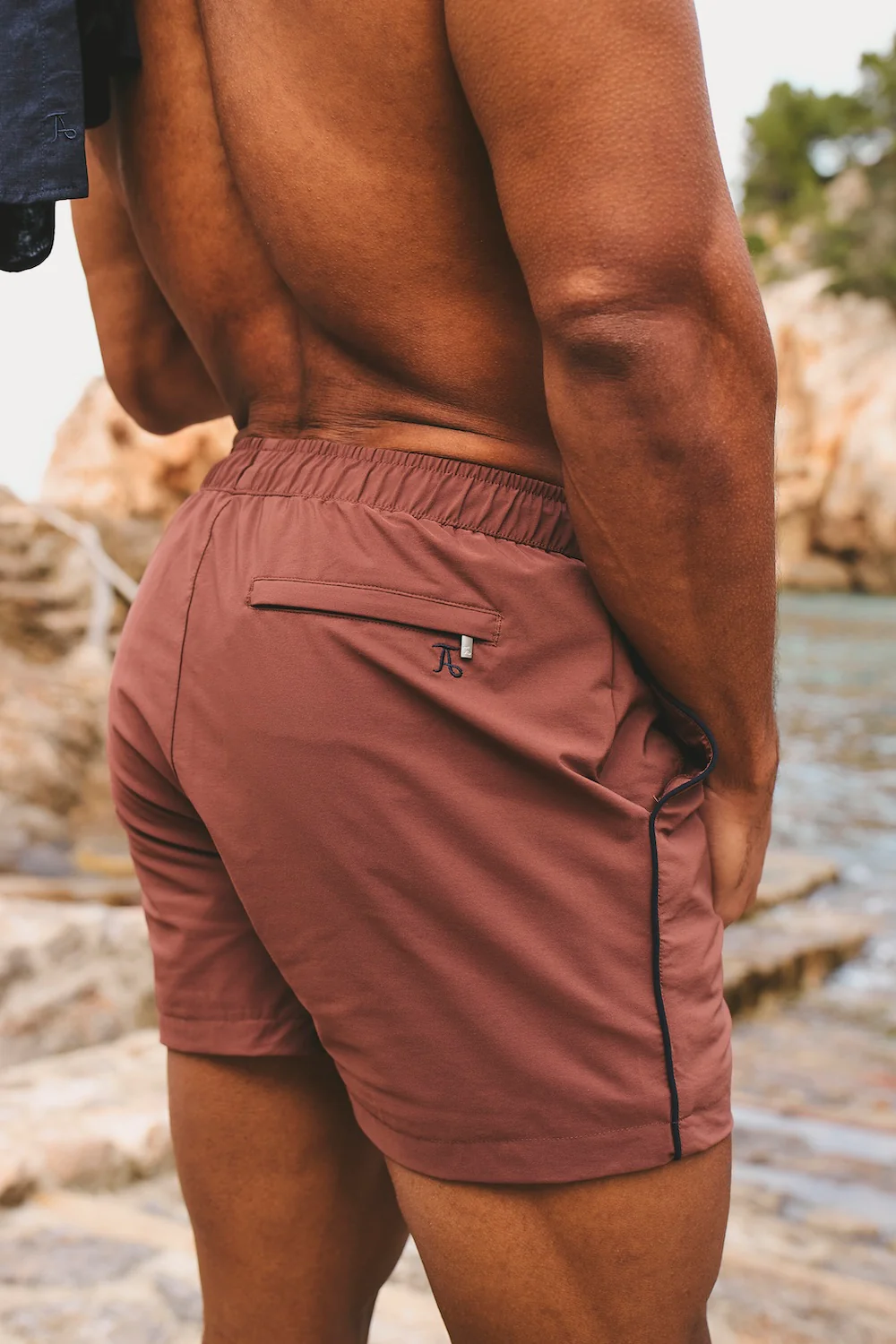 Quick Dry Piped Swim Short in Terracotta and Navy - Image 7