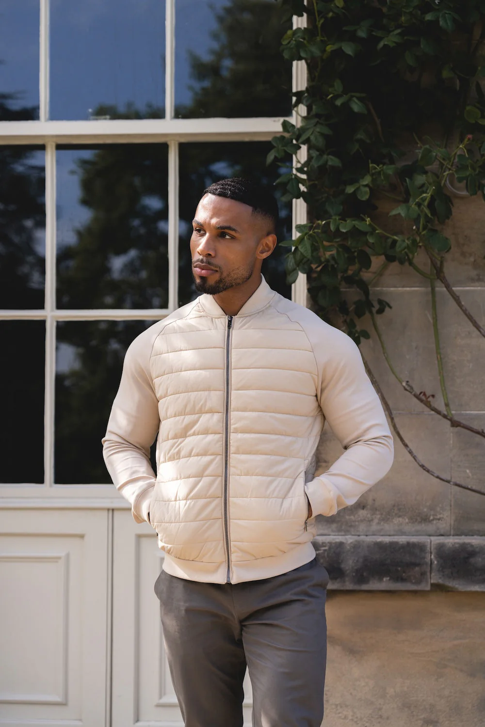 Quilted Hybrid Bomber Jacket in Neutral - Image 2